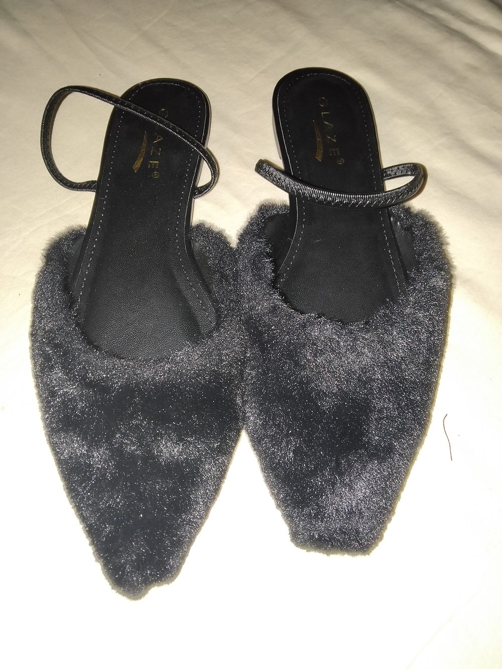 Glaze Black Faux-Fur Pointed Mules with Slim Ankle Strap